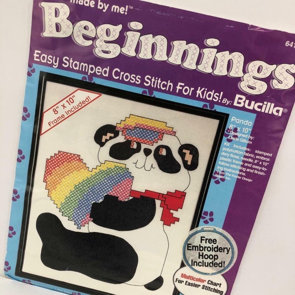 Bucilla Cross Stitch For Kids Kit 8 x 10 Panda Bear USA VTG 1994 Linda Gillum